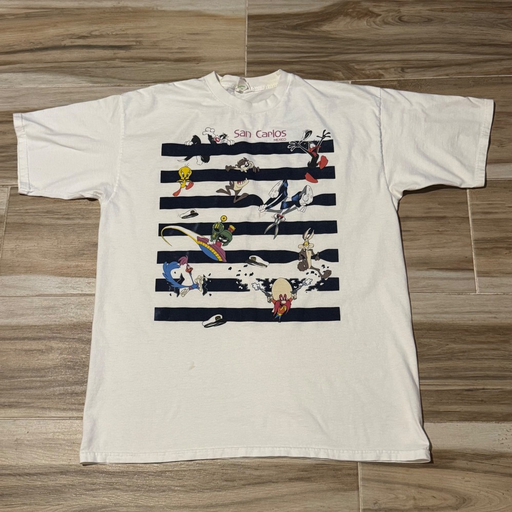 Vtg 1990s Looney Tunes Jail Stripe Cartoon Tee Mexico Souvenir White XL 24x31